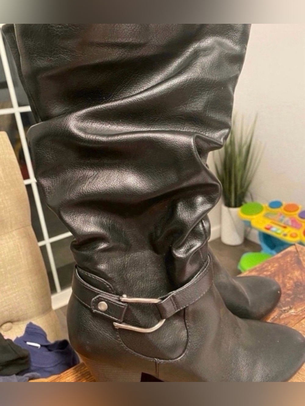 Women’s Black Slouchy Mid-Calf Boot with Buckle Detail (Size 9)